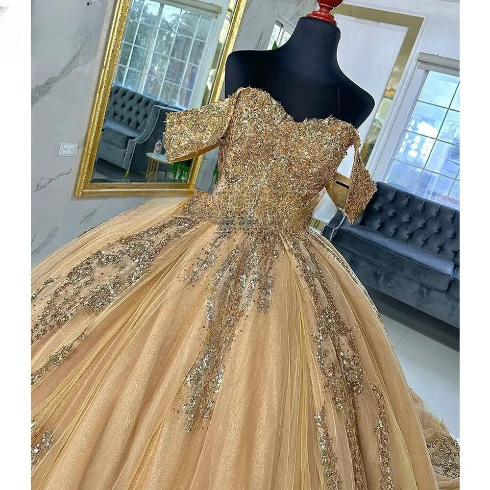 Ball Gown Quinceanera Dresses Gold Beaded Lace Sweet 15 Party Prom