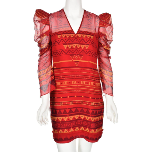 ZANDRA RHODES Rare Vintage Red Silk Georgette Crepe Mini Shift Dress US SIZE 4 - Picture 1 of 8