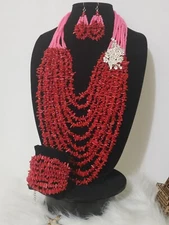 NEW MULTI STRAND IVORY/RED PEARL NECKLACE/ BRACELET/EARRING