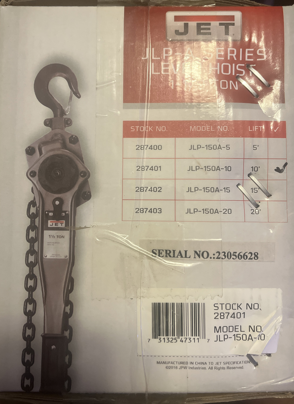 JET JLP-150-10 Lever Hoist – 1.5-Ton Capacity, 10-Foot Lift, All-Steel Construction