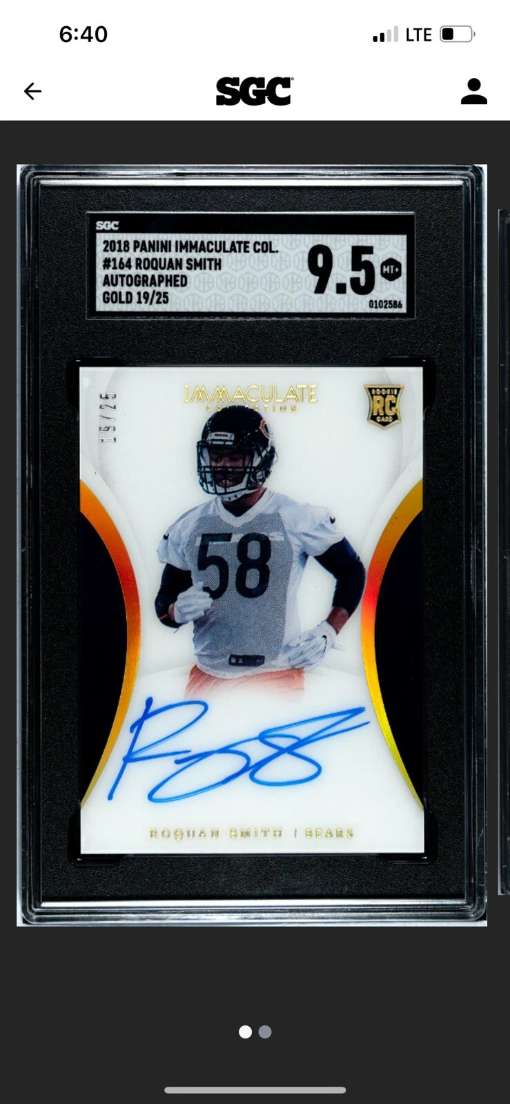 Roquan Smith Panini Immaculate Collection #164 Autograph-Gold