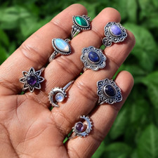 Compra lote de joyas al por mayor de anillos enchapados en plata 925 con 5 piezas de malaquita y mezcla de piedras preciosas