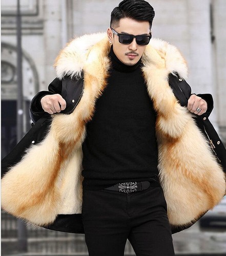 mens Faux mink fur lined long coat fur collar hooded Warm Winter parkas overcoat - Picture 27 of 40