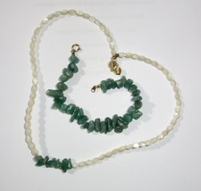 Delicate White Beads With Natural Green Turquoise Accent Necklace Bracelet Set
