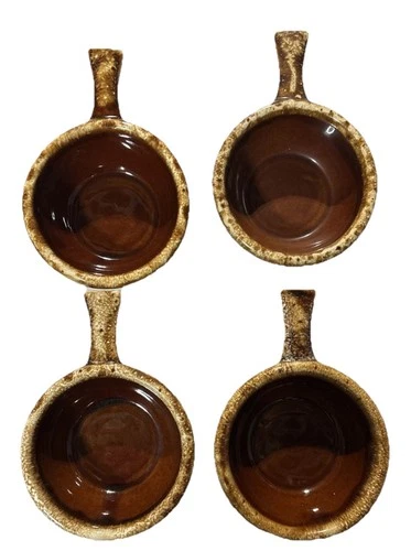 HULL  Set of 4 'Brown Drip Glaze' 5½”Soup Bowls Crocks w/Handles (Ohio, USA) VTG