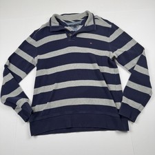 Tommy Hilfiger Sweater Mens Large Blue Gray Striped Rugby Pullover 100 Cotton