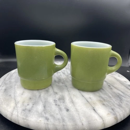 Vintage Fire King Coffee Milk Glass Avocado Green Mug Cup Stackable Set Of 2