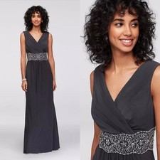 Alex Evenings Long Jersey V-Neck Gown with Beaded Waist