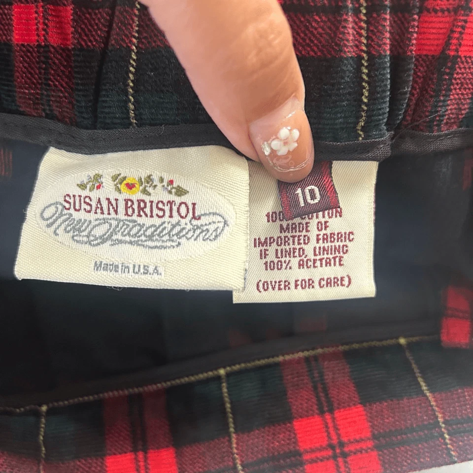 Vintage Susan Bristol Plaid Midi Skirt Preppy Size 10 Red Green Tartan Academia - Image 4 of 4