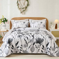 Grey Quilt Set Queen, Floral Bedspread Soft Microfiber Lightweight Queen Size Qu