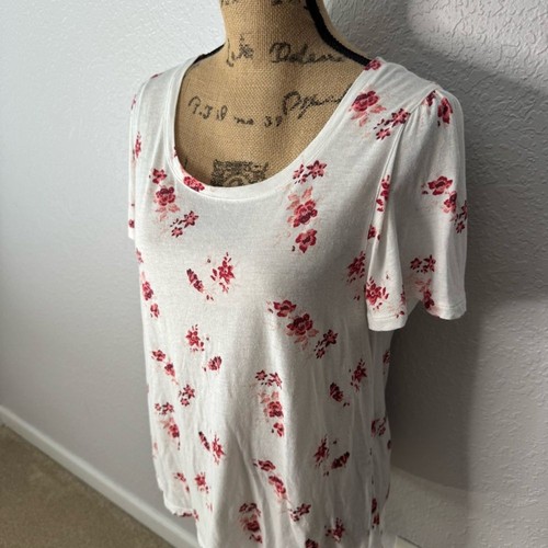 T-shirt Lucky Brand bianca rossa floreale scollo a scoop manica svasata misto cotone taglia M - Foto 2 di 8