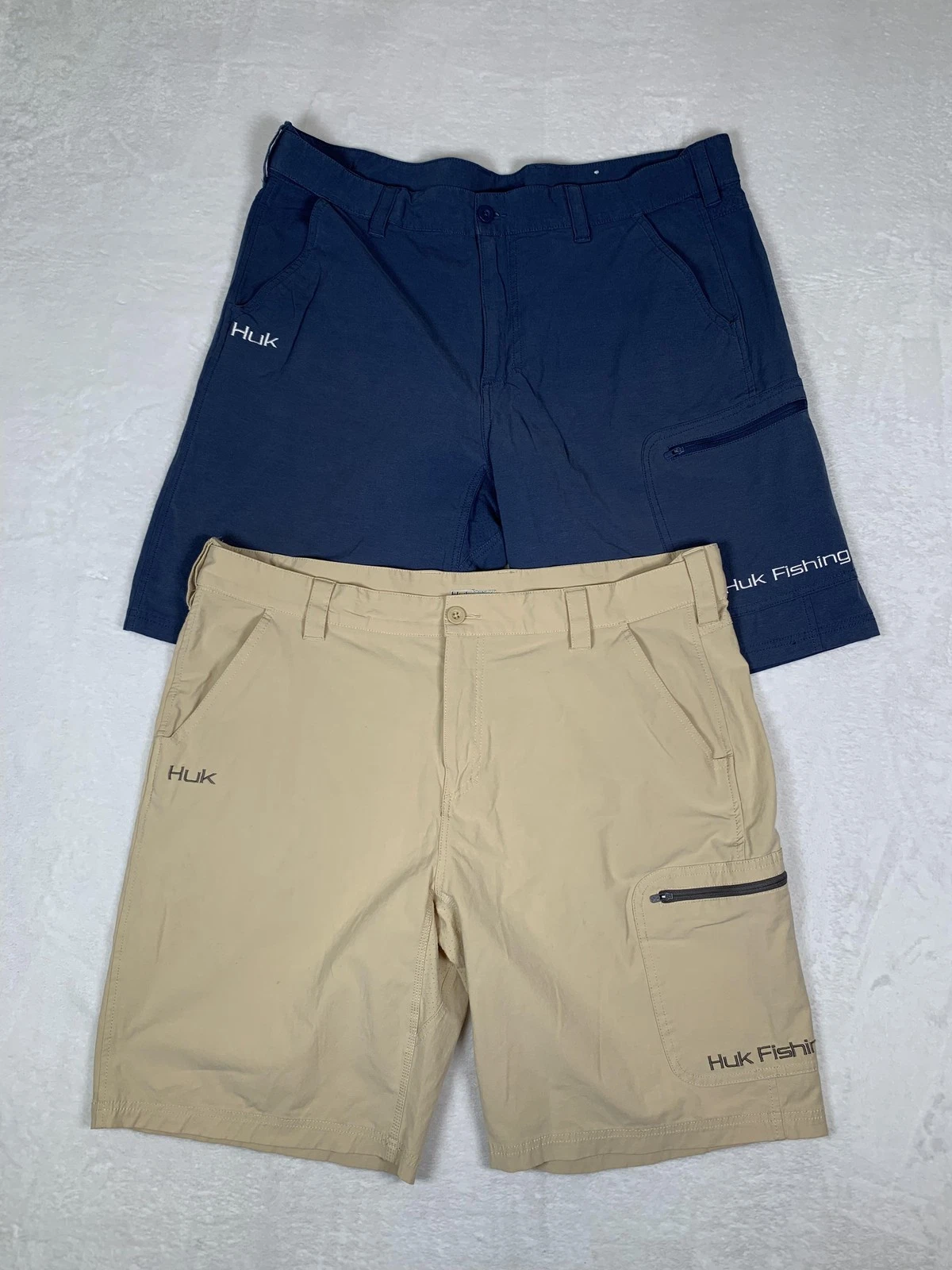 Huk Cargo Shorts Mens 2XL Blue Tan 8" Performance Fishing Stretch Cargo Lot Of 2