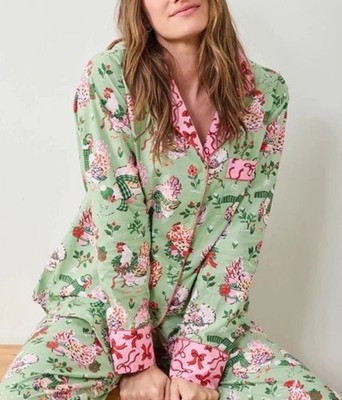 Print Fresh PJ Set Hens Holiday LS Top & Pants L Pink Multi Rare Hen House Bird