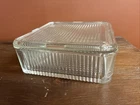 Vintage Ribbed Clear Glass Refrigerator Square Dish w/ Lid 8.5"