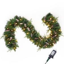 9FT Christmas Flocked Garland Pre Lit with 50 Count Warm White String Lights