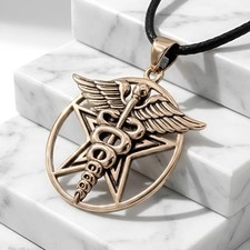 Bronze Caduceus Pentacle Pendant Pentagram Necklace Jewelry Medical