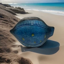 Vintage MCM Art Pottery Blue Black Fish Pillow Vase Planter HB Japan #3472