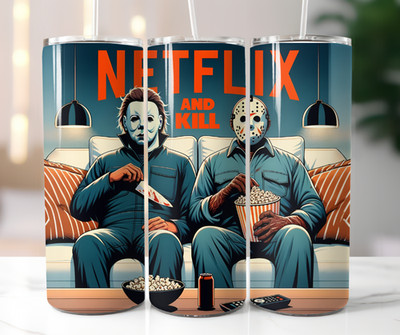 Netflix And Kill Lustiger Thermo-Reisebecher Becher mit Horrorfilm-Thema Neu Strohhalm 