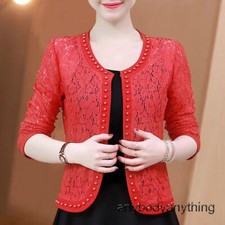 Lady Floral Lace Blazer Suit Jacket Open Front Crew Neck Evening Outwear Red