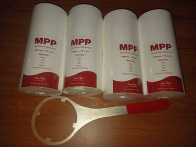 4x Pack 5 Micron 10''x4.5'' Sediment Water Filters MPP-F10B-5 Sim Pure W/ Wrench