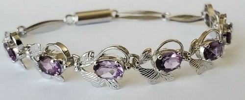 Delicada pulsera de plata de ley con flores de amatista de 7,5" - Imagen 4 de 6