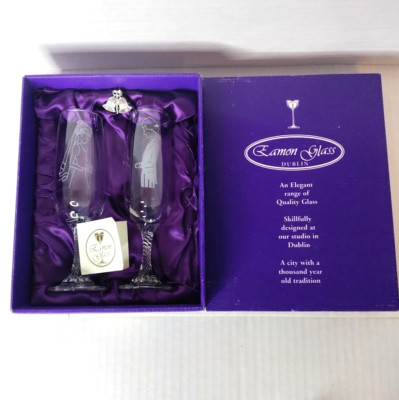 Eamon Glass Dublin Ireland Bride Groom Champagne Flute Glasses Wedding 7'' - VTG