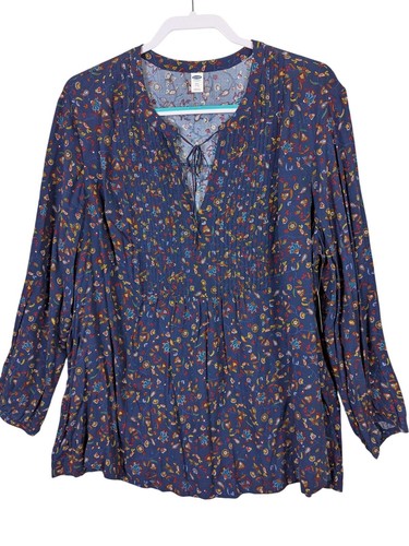 Old Navy Blouse Women size XXL Blue Floral V-Neck Tasseled Paisley Top Casual