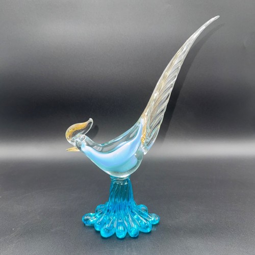 Murano Style Art Glass Pheasant Roadrunner Blue Gold Vaseline 13" - Picture 4 of 9