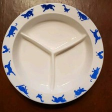 Vintage Hazel Atlas Milk Glass Divided Plate w/Blue Barnyard Animals