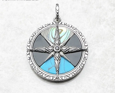 #ad 925 Sterling Silver Compass Turquoise Pendant Charm North Star Charm $49.77