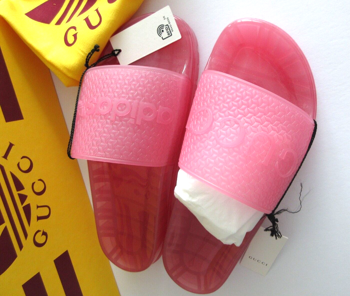 NEW GUCCI X ADIDAS LADIES PINK RUBBER LOGO SLIDE PLATFORM