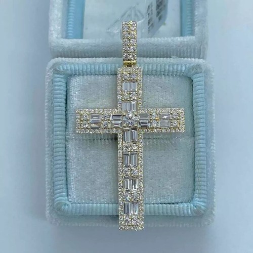 3Ct Baguette Cut VVS1 Diamond New Cross Pendant 14K Yellow Gold Over