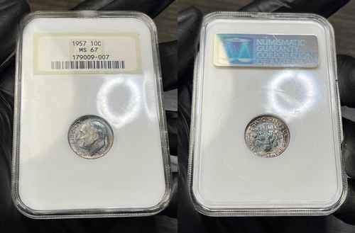 MS67 1957 10C Roosevelt Silver Dime, NGC- Fatty Holder, Rainbow Mint Set Toned