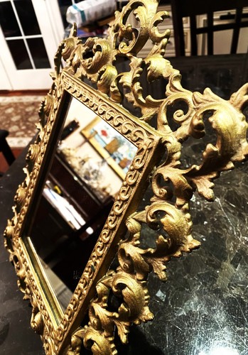 Antique Gold Metal Mirror/ Picture Frame Easel Gold Ornate Acanthus Leaf 16” XL! - Picture 2 of 9