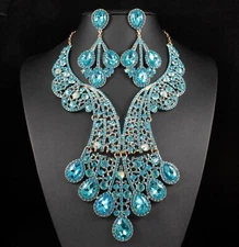 Peacock Teal Austrian Rhinestone Crystal Statement Necklace Earrings Set N820T