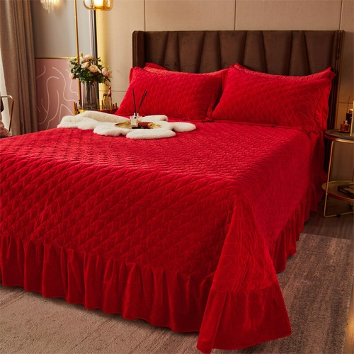 Plaid Quilted Velvet Bedspread with Ruffles Queen Size Coverlets Thick Soft 3PC - Picture 23 of 70