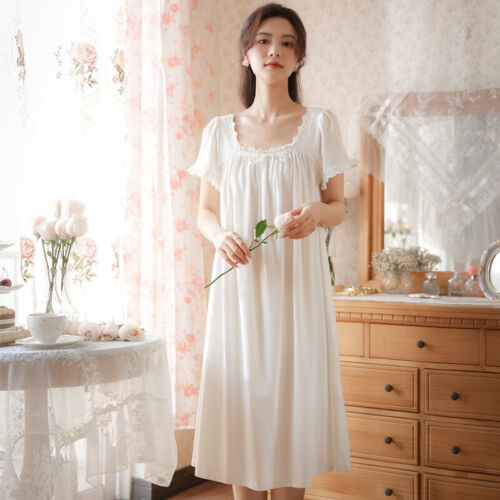 Sleeping Skirt Short Sleeved Cotton Long Lace Beauty Home Sleepwear - Picture 4 of 9