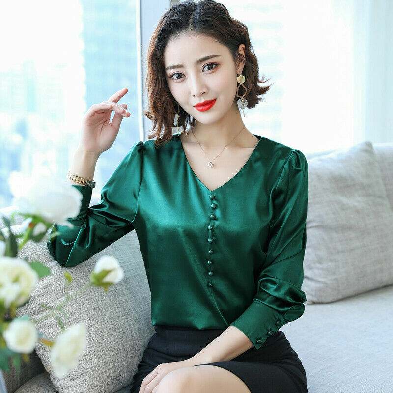 Womens Silk Blend Formal Business Shirt Slim Satin Blouses V-Neck Long  Sleeve | eBay