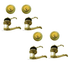 Entry Deadbolt Combo Door locks Levers Handle Polished Brass Keyed Alike Knobs