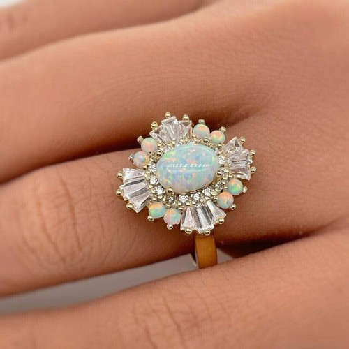 2Ct Oval Cut Fire Opal Diamond Halo Fancy Engagement Ring 14K Yellow Gold Plated - Picture 4 of 5
