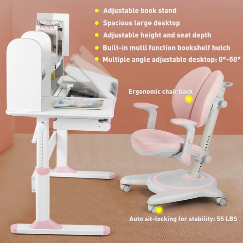 COSVALVE Pink Adjustable Height Kids Study Desk Armrest Chair Set w/Drawer,Shelf - Picture 6 of 23