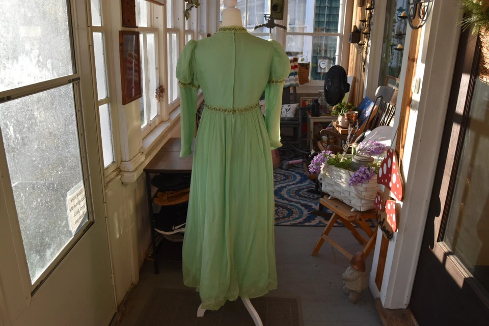 Винтажное макси-платье 70-х шифоновое слой эдвардианский стиль шалфей зеленый размер маленький - Изображение 3 из 4