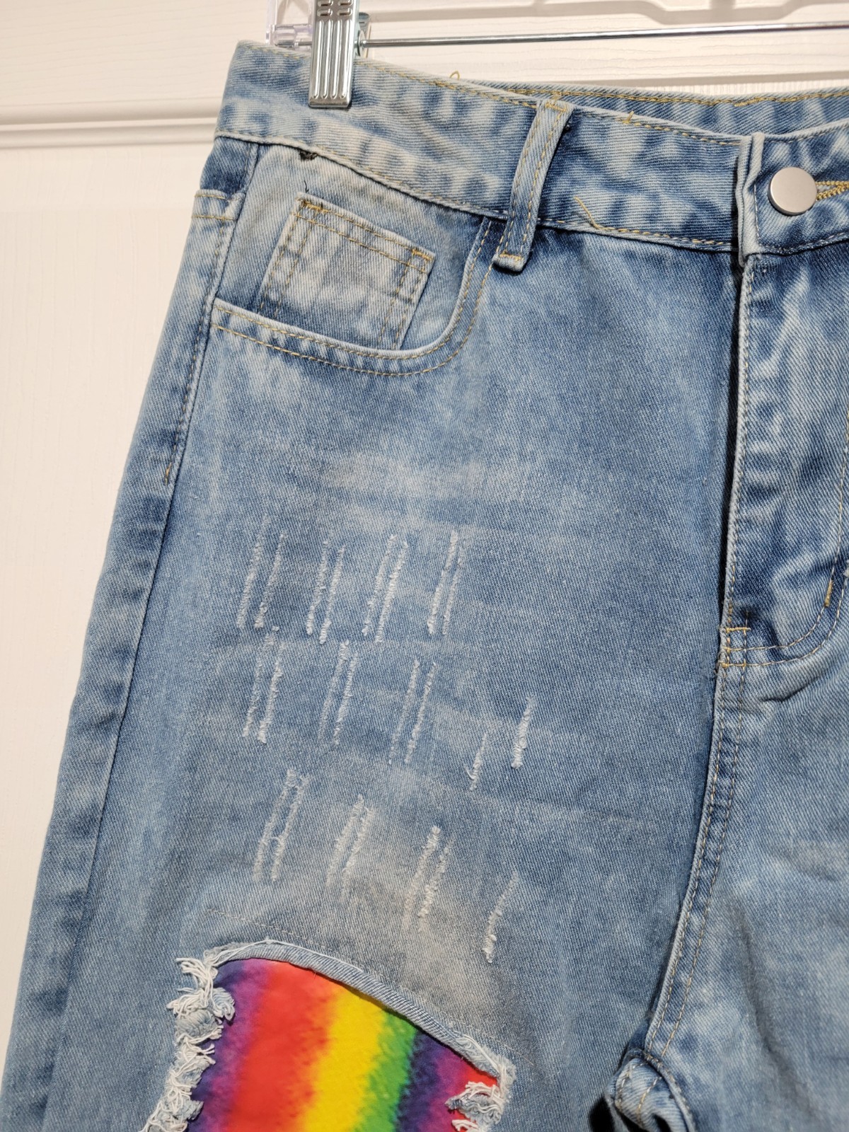 Rainbow Patch Distressed Jeans 5 Pocket Light Was… - image 4