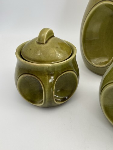 Owl Eye Coffee Tea Set Avocado Green Teapot Coffee Sugar Creamer Japan Mid Cent. - Picture 5 of 17