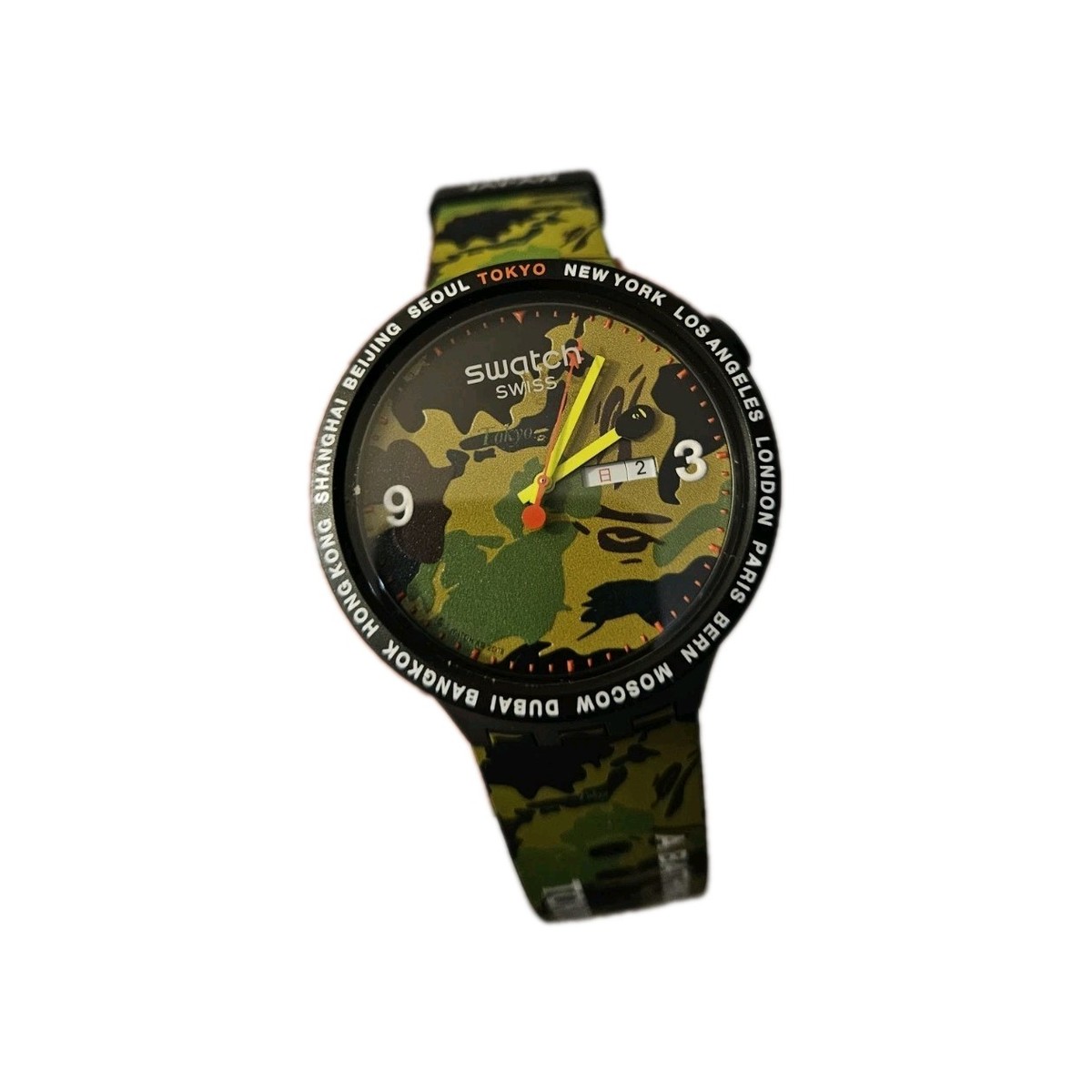 Swatch × A Bathing Ape カモフラージュ時計 スウォッチ世界5都市をイメージした腕時計、ベイプコラボでカモ