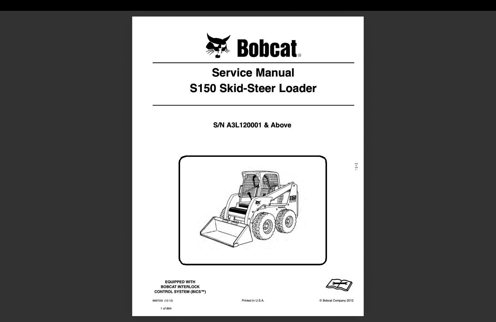 Bobcat S150 S/N A3L111001 Service Repair Manual, Workshop Manual