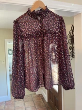 Monoprix femme Women’s Purple & Gold Long Sleeve Sheer Blouse W/ ruffles 42 eur