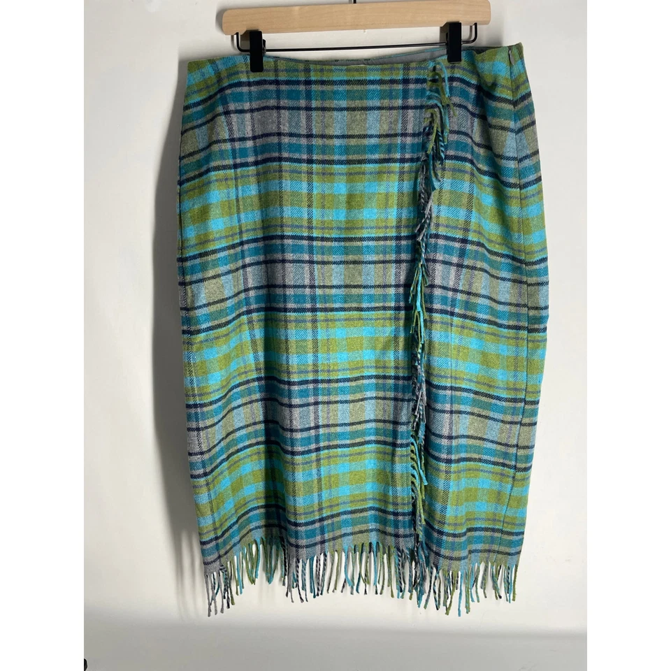 J.Jill Skirt Womens 16W Green Gray Tartan Plaid Wool Blend Faux Wrap with Fringe