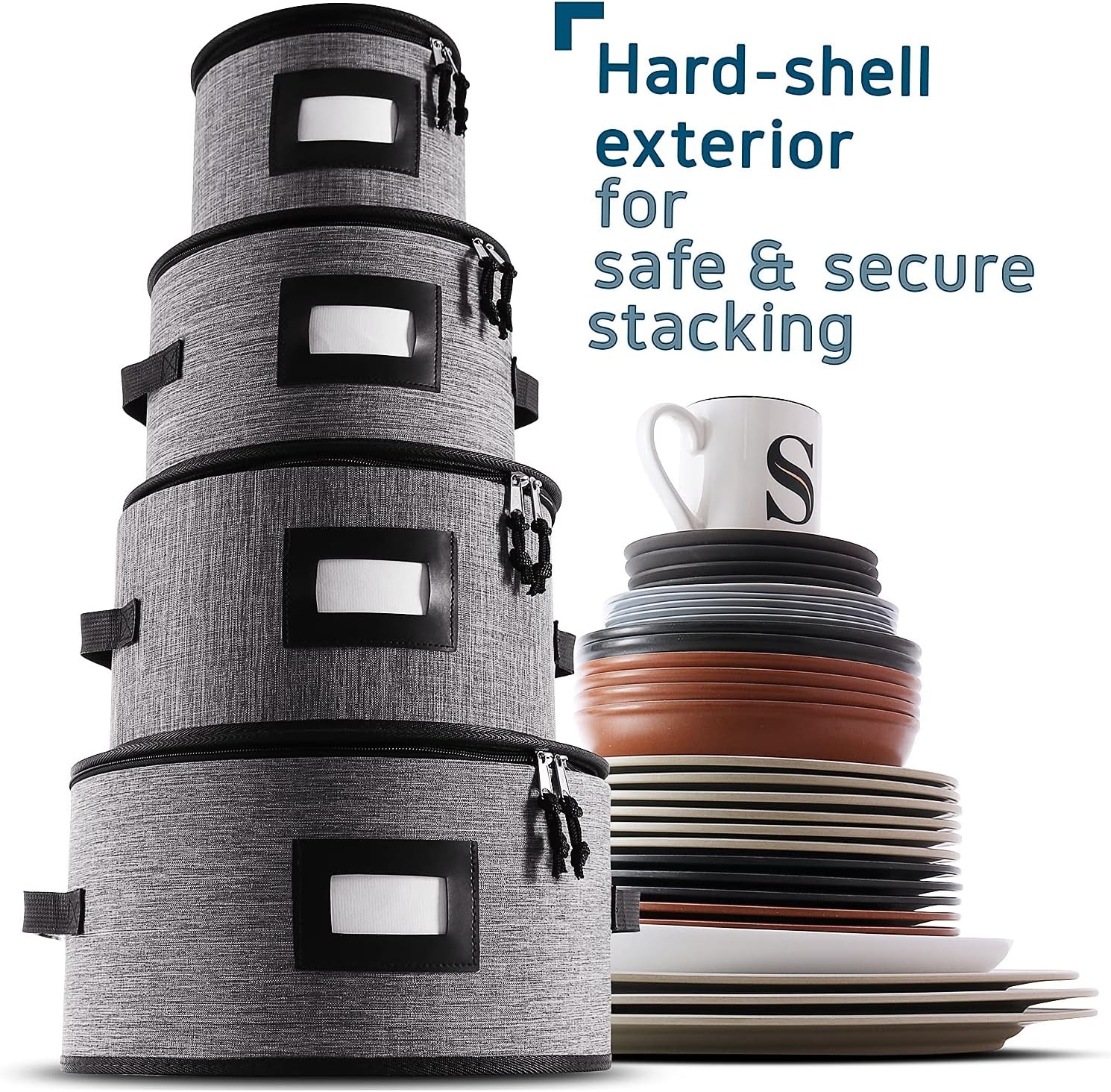 Fine China Storage Containers Hard Shell, 4 Piece Dish Plates Storage, Grey 