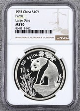China 1993 10 Yuan 1 Ounce Oz Silver Panda Coin Large Date NGC MS70 Top Pop 25/0